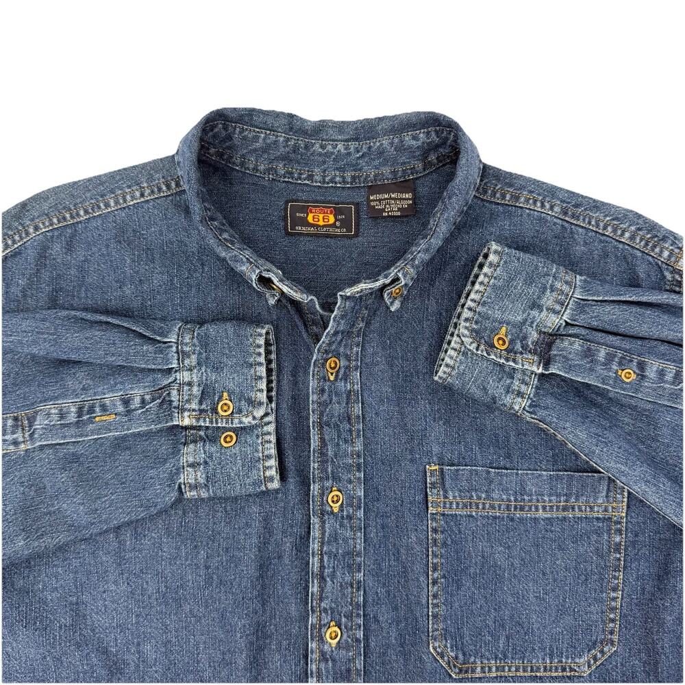 Vintage Route 66 Button Up Blue Denim Men's Shirt Size Medium 100% Cotton 90s